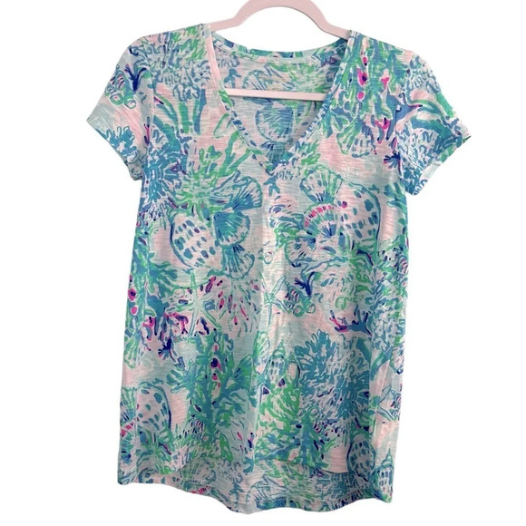 Lilly Pulitzer XS Amethyst CRAYSEA ETTA Tee V-Neck 100% Cotton Short Sleeve - Picture 1 of 8